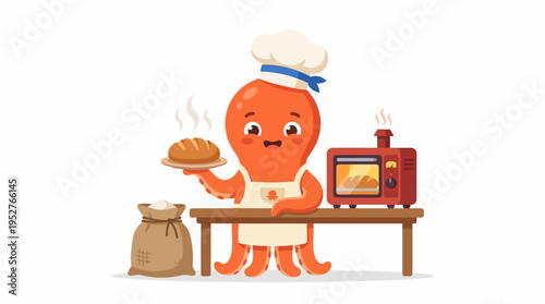 Charming cartoon octopus chef proudly presents a warm, steaming loaf of freshly baked bread from a cozy kitchen, with flour sack and an active oven nearby