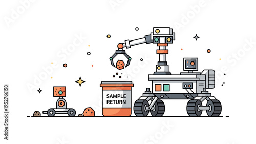 Mars sample collection mission showing a rover arm carefully lifting a small rock sample into a container marked Sample Return. The focused action highlights