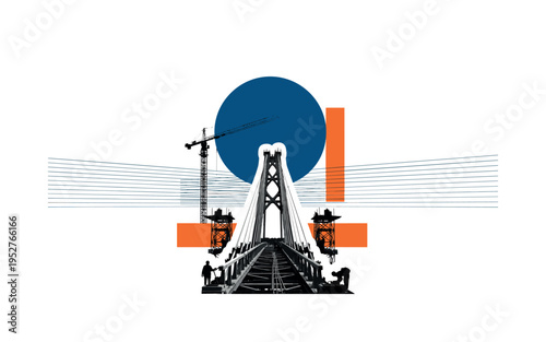 Black and white image of a bridge under construction with silhouetted workers, oversized deep blue circle hovering above as symbolic future, thin parallel