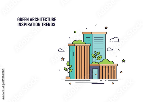 Green architecture inspiration illustrated by a simplified building facade with natural wood panels and subtle plant integration, expressing sustainable