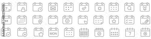 modern linear calendar and date icon set. vector thin line outline symbols for ui/ux app and web interfaces. minimal stroke collection including date, calendar, date, calendar,