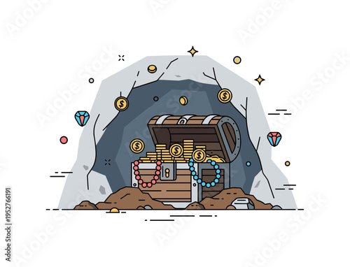 Ancient treasure chest partially buried with gold coins and jewelry spilling out, surrounded by a dimly lit cave, highlighting mystery, excitement, and hidden