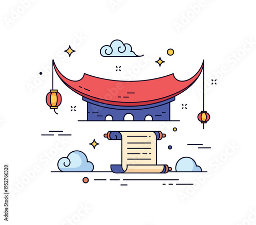 Ancient Chinese civilization represented by a curved temple roof silhouette and a small scroll with calligraphy lines, expressing tradition, philosophy and
