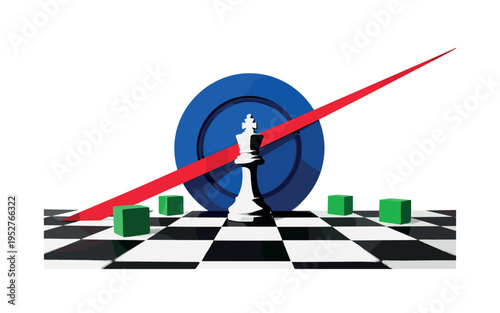 Black and white chessboard with one oversized king piece standing alone, bold indigo circular halo anchoring composition, small green geometric cubes pushed to