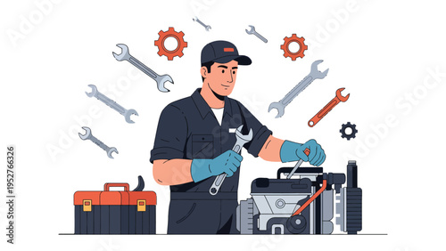 Mechanic at Work: A skilled mechanic meticulously works on an engine, surrounded by tools of his trade, symbolizing expertise and dedication. 
