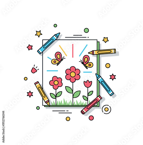 Crayon drawing of flowers and butterflies on paper with crayons around, radiating colorful imagination and playful artistic fun. Minimalist flat vector