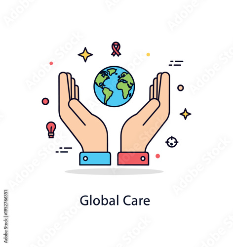 Symbolic gesture open palms holding a tiny globe at the center, illustrating care, responsibility, and global awareness within a cohesive editorial style icon