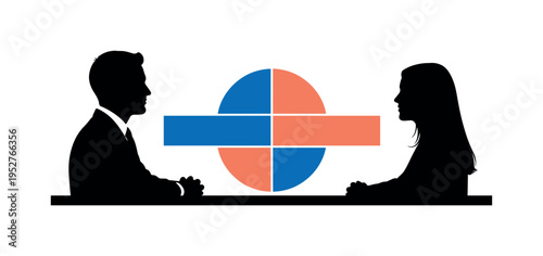 Black and white mentor and learner silhouettes facing each other across a table, semicircles overlapping between them to symbolize alignment, cobalt blue and