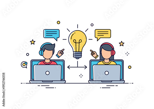 Online mentoring session with two simplified figures connected through laptop screens and a glowing lightbulb symbol between them, expressing shared insight