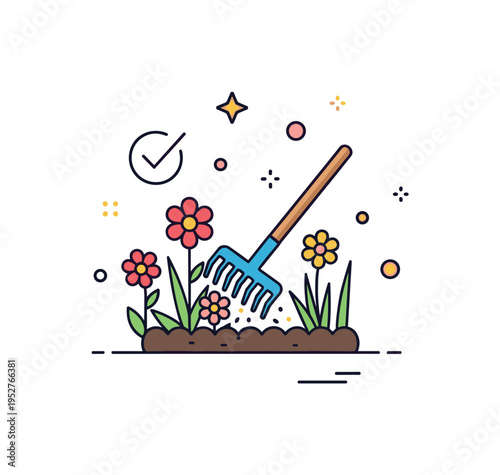 Weeding and garden maintenance concept illustrated with a small rake removing unwanted weeds around blooming flowers, symbolizing care and attention to detail.