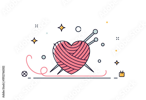 Knitting and handmade crafts on a peaceful afternoon shown with yarn ball and knitting needles forming a small heart shape, symbolizing care and slow hobbies.