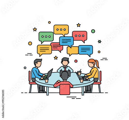Team collaboration round table scene with multiple speech bubbles evenly distributed above participants. A clear concept badge about cooperation,