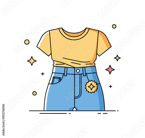 Vintage denim comeback concept featuring high waisted jeans paired with a tucked in tee silhouette and a small sparkle badge, symbolizing effortless retro