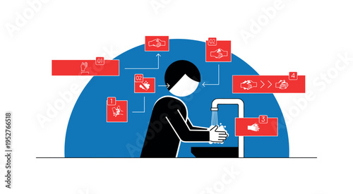 Conceptual safety procedures theme with black-and-white figure washing hands, bold blue semicircle representing hygiene zone, red rectangular blocks