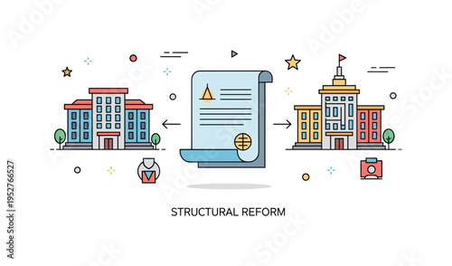 Government restructuring theme illustrated by interconnected building icons and a central legal document, symbolizing institutional reorganization and updated