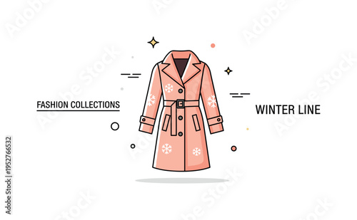 Seasonal fashion collections winter outerwear theme shown as a structured coat with subtle snowflake details, expressing warmth and premium cold season