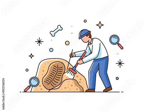 Paleontology and fossil discovery depicted by a geologist carefully brushing sand away from a visible fossil imprint, communicating patience and historical