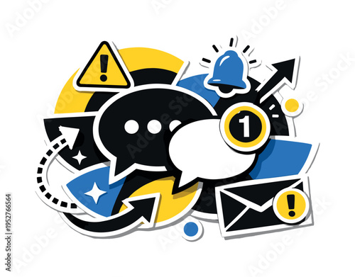 A dynamic graphic collage showing black and white chat notification icons intersected by semicircles, arrows and abstract symbols representing messaging and