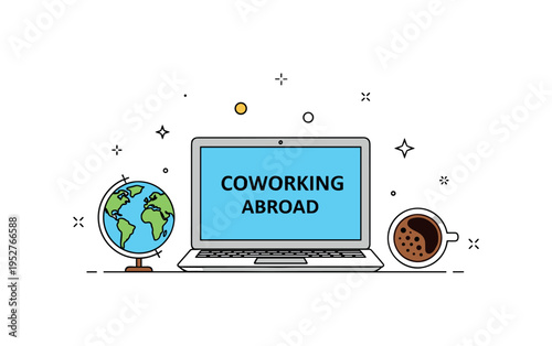 Coworking abroad experience with a laptop centered between a small globe icon and a cup of coffee. The balanced layout emphasizes productivity, cultural