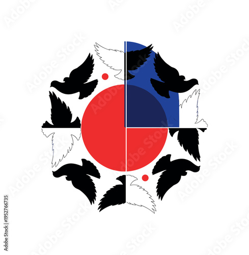Black and white mirrored doves forming circular composition, bright red semicircle intersected by thin vertical line, deep blue geometric block offset to one
