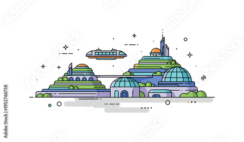 Aerial view of a futuristic planetary city with layered terraces, domes, and hovering transport, highlighting scale, innovation, and architectural creativity.