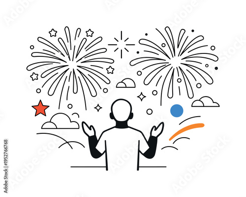 Watching a fireworks display magic moment. Silhouette-style person with arms slightly raised as large fireworks radiate outward above. Emotion of