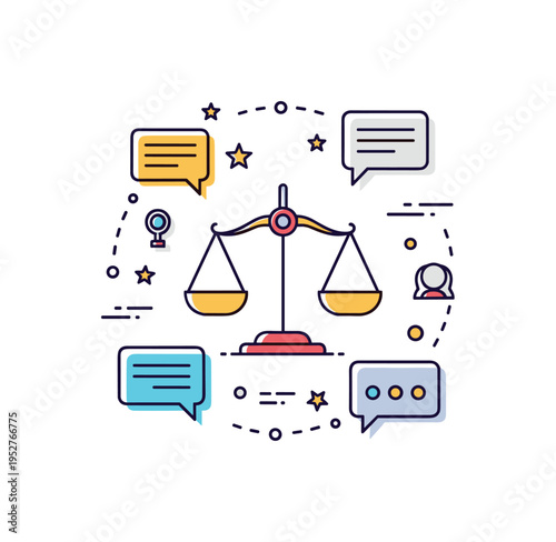 Social justice awareness concept centered on a balanced scale icon surrounded by minimal dialogue bubbles, representing fairness, advocacy, and