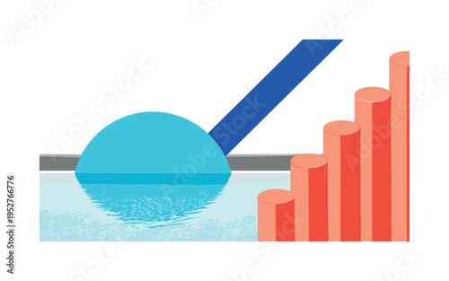 Black and white infinity pool overlooking ocean, oversized turquoise semicircle anchoring composition, coral geometric cylinders stacked like lounge umbrellas,