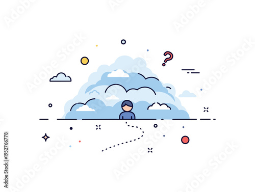 Lost in fog concept centered on a small human silhouette surrounded by soft layered mist clouds with a faint dotted path fading away, symbolizing uncertainty,