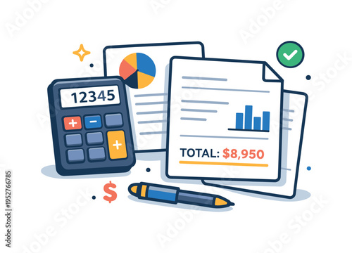 Accountant calculator documents presenting a calm financial desk scene with papers aligned and totals emphasized, reflecting focus, clarity, and professional