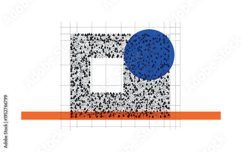 Black and white aerial-style pattern of small tree icons filling previously empty geometric block, bold blue circular halo highlighting reforested area, orange