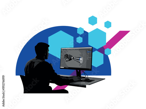 Black and white engineer seated at computer designing prosthetic in CAD interface silhouette, oversized indigo semicircle behind monitor, bright cyan geometric