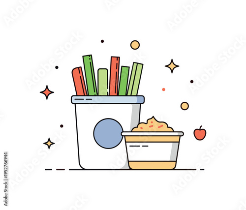 Clean eating snack idea featuring a reusable container filled with veggie sticks beside a separate hummus cup, symbolizing meal prep and on the go nutrition.