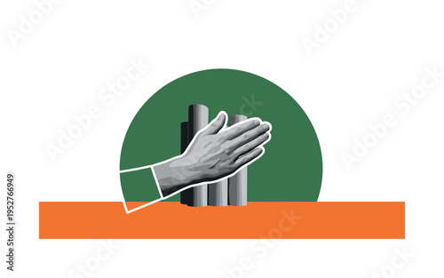 Black and white hand over heart gesture, oversized forest green circular backdrop partially cropped, bold orange horizontal stripe grounding the composition,