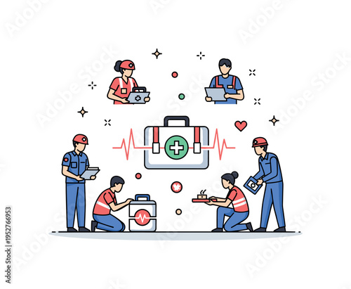 Medical emergency training session featuring paramedic silhouettes practicing around a first aid kit icon with subtle heartbeat line accent. The