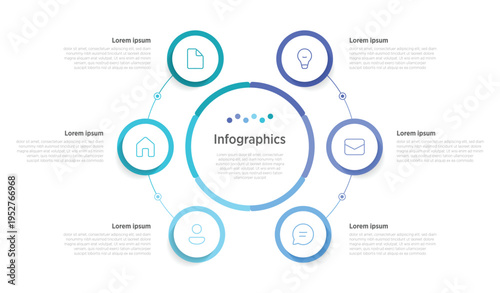A dynamic diagram featuring 6 interconnected circles arranged in a continuous flow sequence. Each circle represents a stage, step, or category, visually linked to show progression and movement.