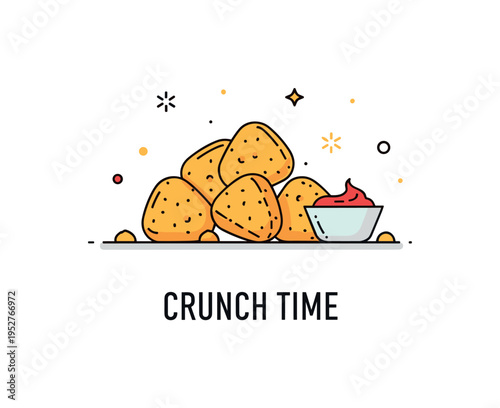Crispy bites golden snack pieces arranged in a small pile with subtle crumb accents and a dipping sauce cup nearby. A gentle ?Crunch Time? caption highlights