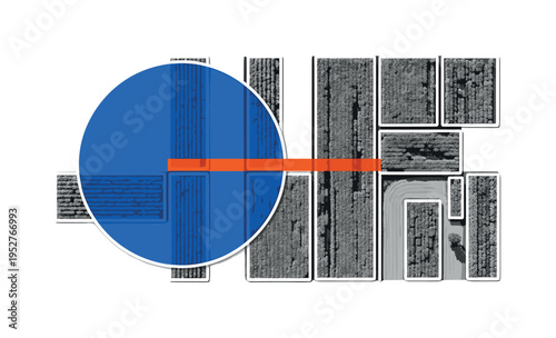 Black and white top view of field divided into geometric plots, oversized cobalt blue circle emphasizing a central test area, orange horizontal bar