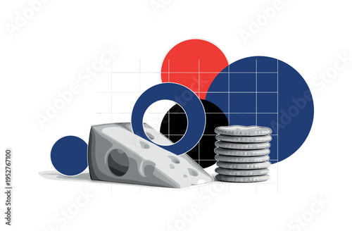 Black and white realistic cheese wedge beside stacked crackers, exaggerated circular cut-outs in the cheese interacting with geometric circles behind, thin