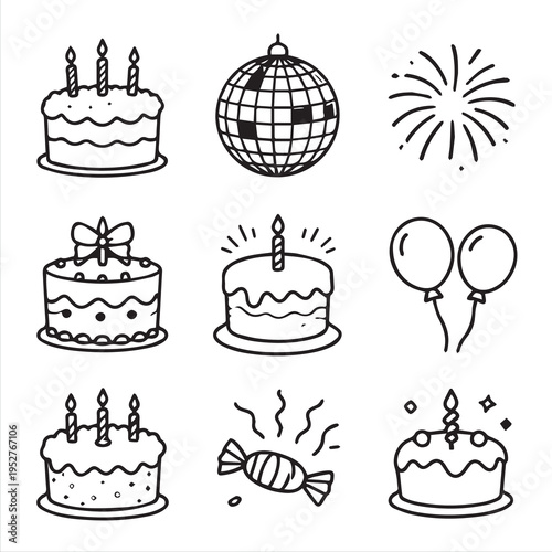 A seamless cartoon vector pattern featuring a sweet birthday cake set with chocolate cupcakes, muffins, and bakery pastries decorated with cream, strawberries, and cherries for a party celebration