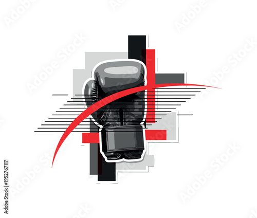 Monochrome boxing glove raised upward, intersected by a bold red arc and thin horizontal stripes suggesting impact, abstract rectangular overlays adding depth