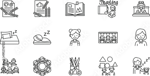Children daily activities icon set including reading sleeping playing learning classroom hygiene outline vector illustration minimalist isolated design collection
