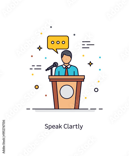 Speech delivery moment centered on a single speaker standing behind a podium with a microphone, expressing confidence and public presence. A subtle ?Speak