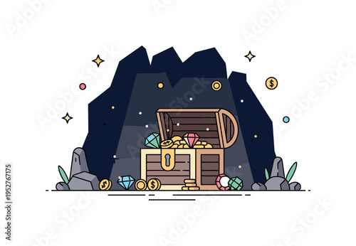 Treasure chest in a dark cave with scattered gems and coins, with soft light illuminating the riches, evoking mystery, excitement, and discovery. Minimalist