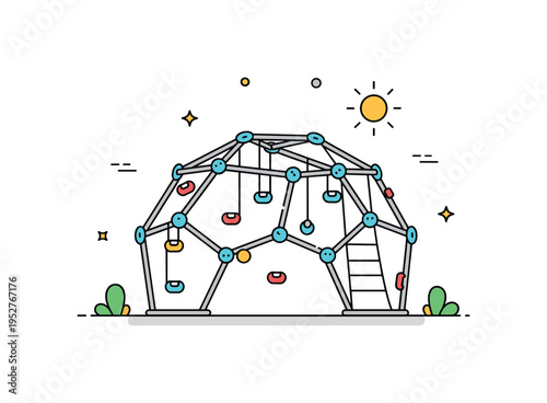 Climbing frame adventure concept illustrated by a geometric dome structure with subtle grip details and a small sun icon, expressing challenge and growth. The