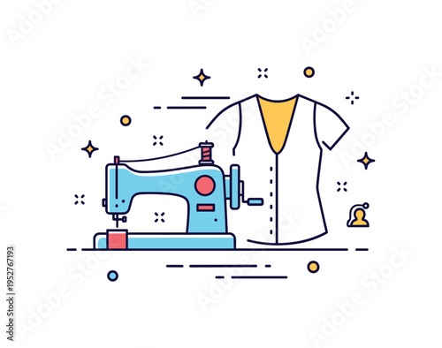 Tailoring workshop atmosphere concept featuring a sewing machine silhouette paired with a garment outline and subtle motion lines. The composition conveys