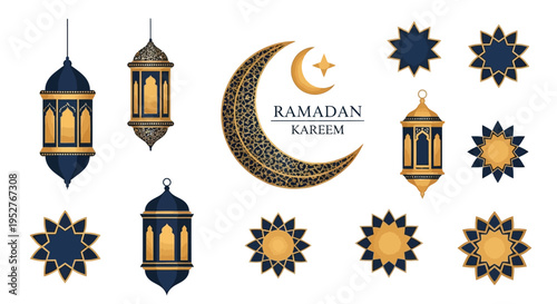 Ramadan Kareem decorations with lanterns and crescent moon