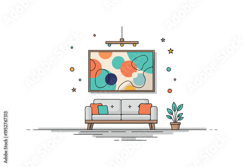 Decorating with modern artwork stylish interior scene featuring a large abstract painting above a simple sofa, expressing contemporary taste and creative