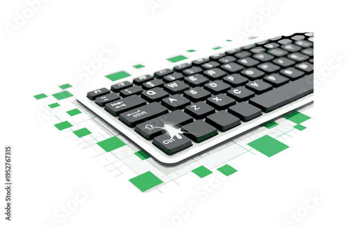 Close-up monochrome keyboard with highlighted typing cursor, surrounded by small green square accents and thin grid lines referencing structured transcription,