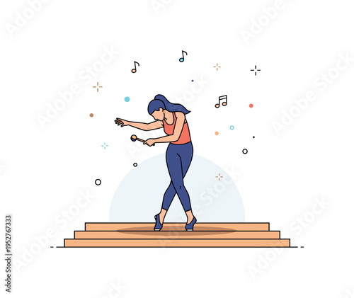 Tap dancer performing a solo routine on a wooden stage with small musical notes floating around, emphasizing concentration, skill, and expressive movement.